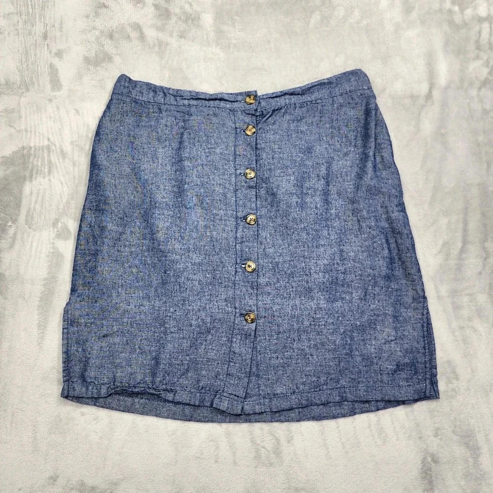 Dā-sh Skirt Womens 1X Blue Chambray Linen Blend Button Front Elastic Waist Lined